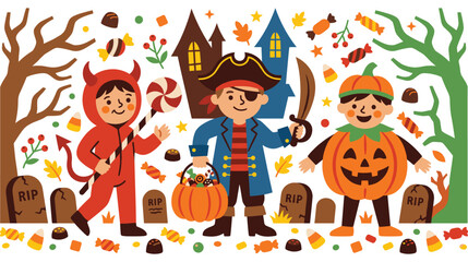 Fototapeta premium Trick or treaters dressed as devil pirate and pumpkin characters flat vector illustration.