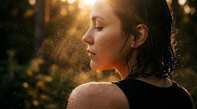 Close-up of water droplets on skin catching sunlight on a shoulder and back.