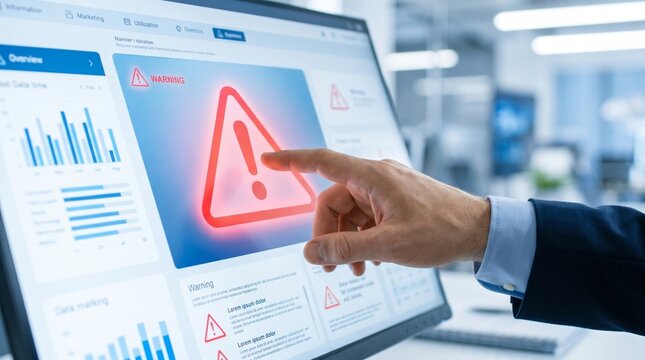 Close up of a businessman finger touching a digital warning icon on a computer monitor displaying complex data analytics and software dashboard interface in a professional office
