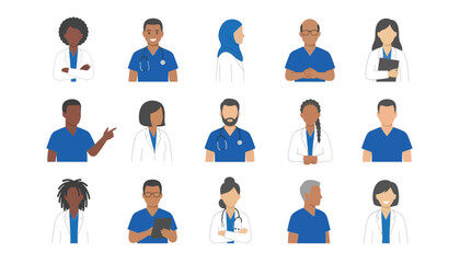 Fototapeta premium Diverse healthcare professionals in flat vector style showcasing medical staff with varying appearances and attire doctor nurse physician worker