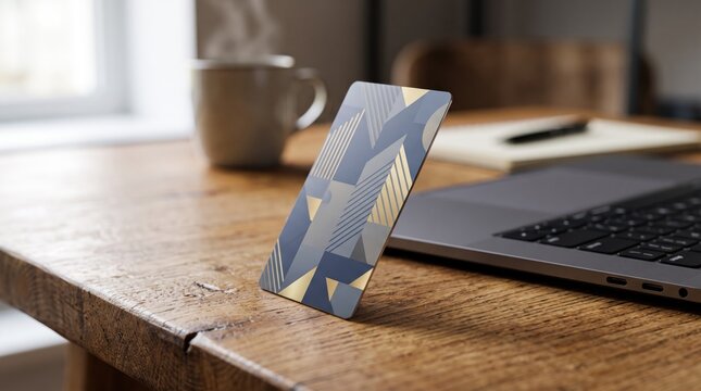 Credit card standing on wooden desk next to laptop computer, online shopping, e-commerce payment, digital banking concept, modern workspace with coffee cup in background
