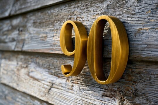 Modern golden metallic house number ninety mounted on textured weathered wooden planks creating a rustic facade with elegant contrast and depth angle view