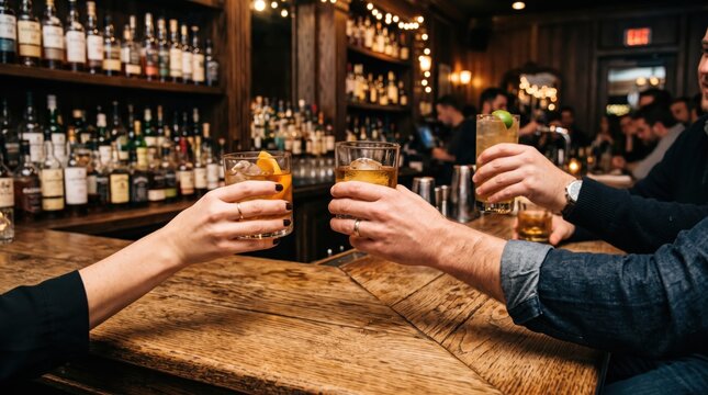 Friends toasting with cocktails at a cozy wooden bar, social drinking, nightlife celebration, happy people clinking glasses in dimly lit pub atmosphere.