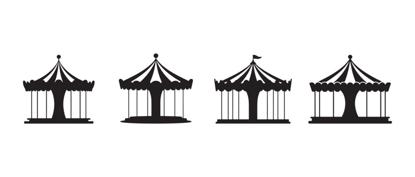 Carousel silhouette icon set, carnival merry-go-round vector collection for amusement park.
