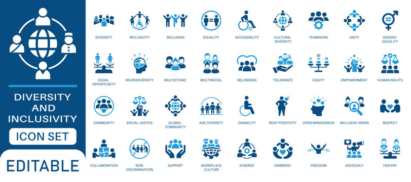 Diversity and inclusivity icon set. Featuring inclusion, equality, multiethnic, community,  teamwork, accessibility, gender equity, human rights and more vector icons.