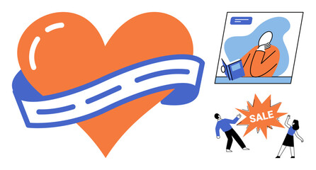Fototapeta premium Heart with road ribbon and people shopping vector illustration. Marketing, commerce, love, travel, retail, consumerism. Romantic path and customers interacting with discount sign