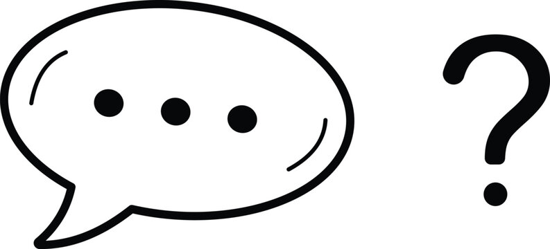 Minimalist black and white vector illustration showing a speech bubble with ellipses next to a large question mark icon design