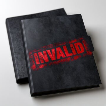 Black folders with one stamped invalid in red symbolizing rejected documents or canceled files on a clean white surface