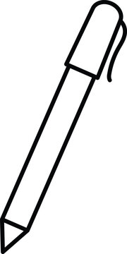 Minimalist black outline vector graphic showing a simple writing pen illustration designed for modern icons or various digital creative projects