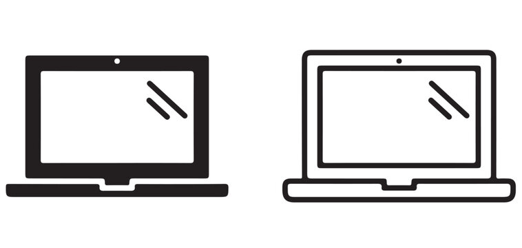Computer laptop screen vector icon set showcasing modern monitor display in solid and outline linear style