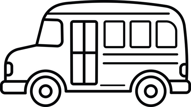 Simple school bus vector illustration featuring clean black outlines and minimalist geometric shapes isolated on a plain white background design