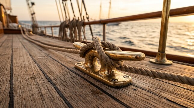 Brass cleat and nautical rope secured on a wooden sailboat deck at sunset