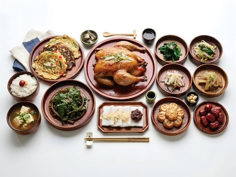 추석 구운 닭고기와 전, 나물로 차린 풍성한 한국 전통 상차림