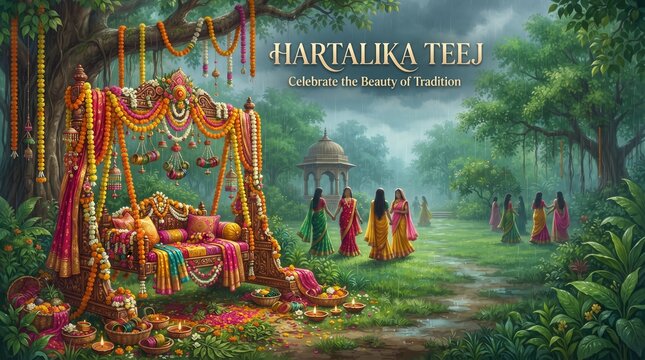 Hartalika Teej Garden Celebration Illustration with Decorated Jhula Swing, Garlands and Women Gathering