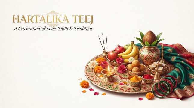 Hartalika Teej Puja Thali Minimal Poster Layout with Diyas, Flowers and Prasad on Clean Background