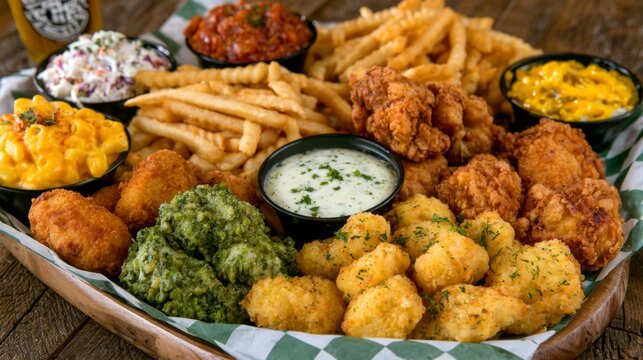 Delicious assortment of fried foods including crispy chicken, golden fries, creamy macaroni, and assorted dipping sauces on a rustic wooden table