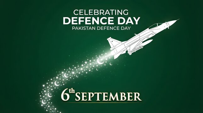 Fighter jet soaring on dark green Pakistan Defence Day celebration background