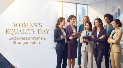 Obraz premium Women’s Equality Day Corporate Banner with Diverse Female Professionals and Empowerment Message Background