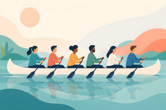 Diverse Business Team Rowing Together Toward a Shared Goal