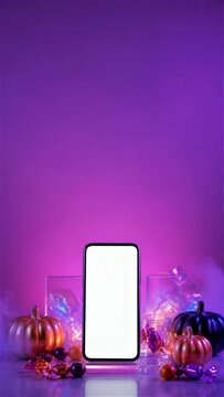 ハロウィン小物に囲まれた空白スマートフォンの縦長背景