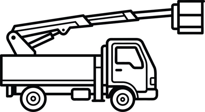 Boom lift bucket truck vector line icon featuring industrial cherry picker utility vehicle isolated on white background