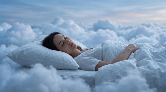 A beautiful young woman dreaming while resting on a soft pillow amidst white clouds.