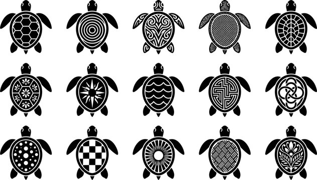 Minimal black sea turtle icon set with geometric tribal floral and maze shell patterns for ocean nature logo collection