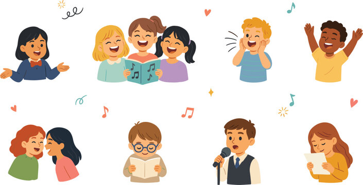 Cute Children Choir and Voice Performance Vector Set Featuring Kids Singing Reading Talking Whispering and Speaking for Educational and School Media Designs