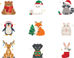 Fototapeta premium Cute Christmas Animals Vector Icon Set Featuring Bear, Cat, Raccoon, Penguin, Fox, Hamster, Deer, Dog, and Rabbit for Winter Holiday Greeting Card Designs