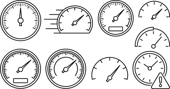 Car speedometer gauge line icon set with dashboard meters tachometer dial indicator symbols for automotive speed fast control