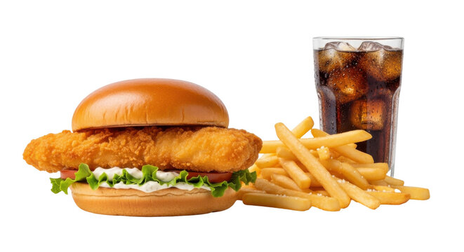 Crispy chicken sandwich meal with french fries and a glass of soda