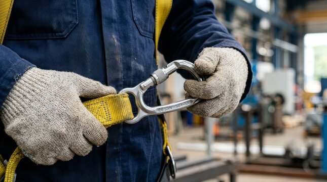 Close-up of a professional securing industrial safety equipment with a metal carabiner.