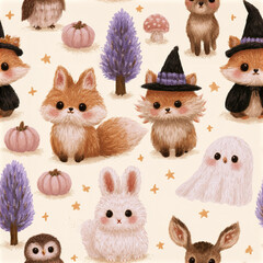 Naklejka premium Pastel Halloween woodland pattern with rosy cheeked foxes, rabbits, owls, and ghosts in soft colors creating cute festive mood