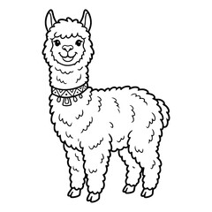 Friendly llama with a decorative collar standing, simple line for kids coloring book, cute farm animal character outline © md solaimas