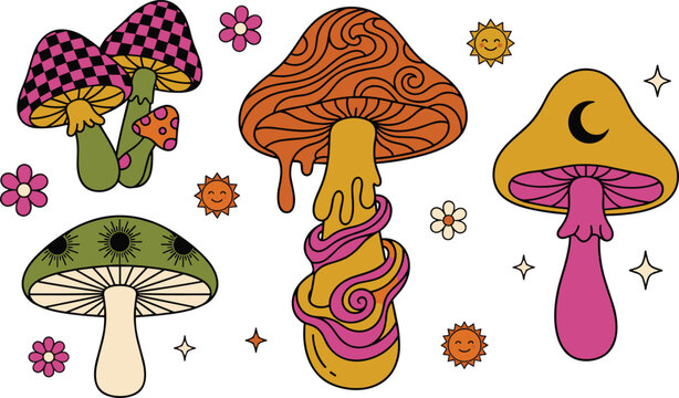 Groovy Retro Hippie Mushroom Vector Icon Set with Psychedelic Flowers Melting Fungus Sun and Moon Celestial Elements for Trendy Vintage T Shirt Designs