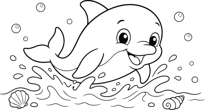 Cartoon dolphin illustration with bubbles and seashells black and white line art