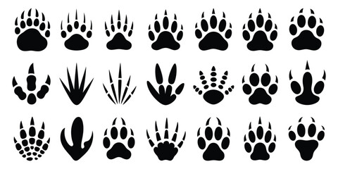 Dinosaur Footprint Vector, Black Dino Silhouette Tracks Featuring Tyrannosaurus and Triceratops Footsteps for Paleontology, Fossil Themes, Education, and Design ©  