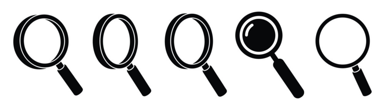 Minimal magnifying glass search icon set featuring exploration symbols for web, research, discovery, navigation and analysis.