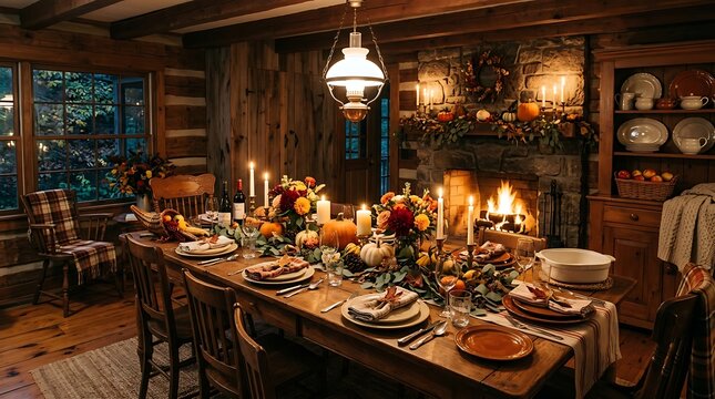 Rustic dining room set for autumn thanksgiving celebration with fireplace and candles