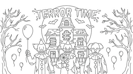 Terror time outline illustration with spooky clowns at haunted mansion for holiday prints.