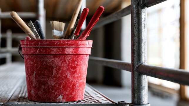 Red bucket filled with various paint brushes resting on a metal scaffold inside a construction site illuminated by natural light through large windows