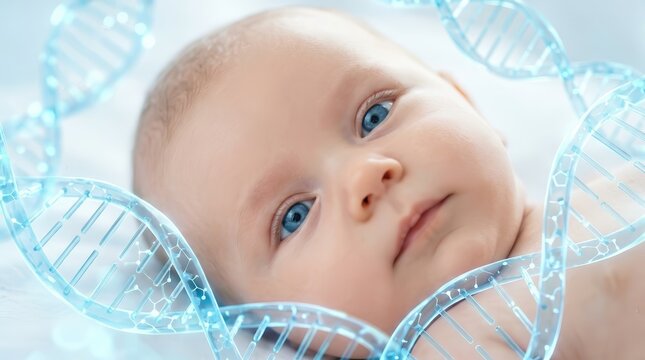 A newborn baby with blue DNA strands representing genetic traits and DNA testing.