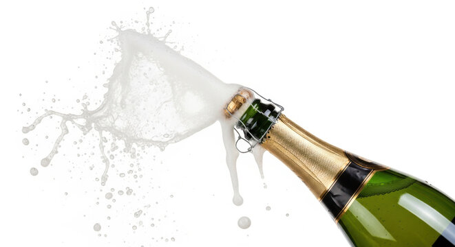 Champagne bottle popping cork isolated on transparent background