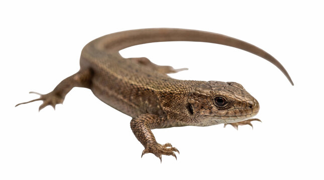 Common lizard isolated on white background. Brown viviparous lizard macro photography. Small reptile with textured scales and long tail.