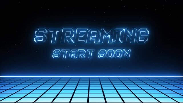 Streaming start soon text animation with blue neon pixel grid in a retro futuristic cyberspace