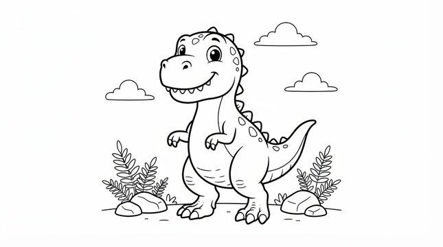 Cute cartoon dinosaur standing in a landscape for children coloring page