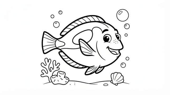 Cute cartoon fish swimming with bubbles for kids coloring page