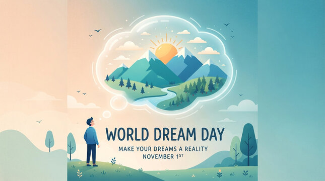 World Dream Day illustrated concept, November 1st, man dreaming of mountains, making dreams reality, mind thinking cloud, nature landscape, flat vector graphic design