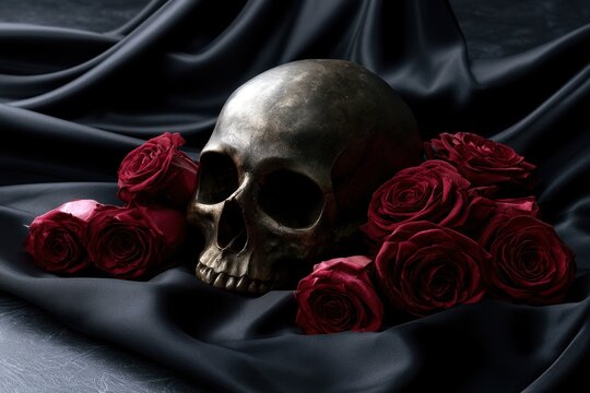 A human skull surrounded by deep red roses resting on luxurious dark satin fabric evoking themes of mortality and beauty in artistic still life composition