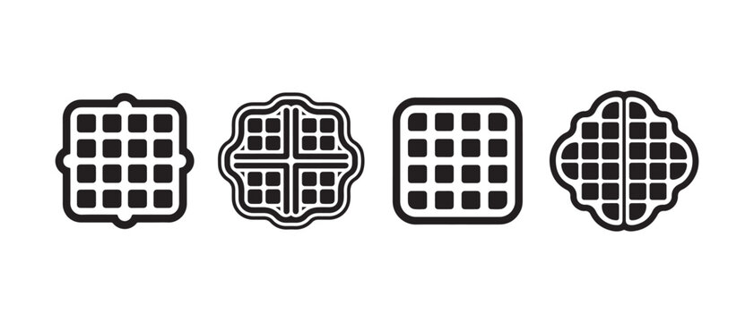 Set of four waffle icons in black outline style for breakfast menu design.